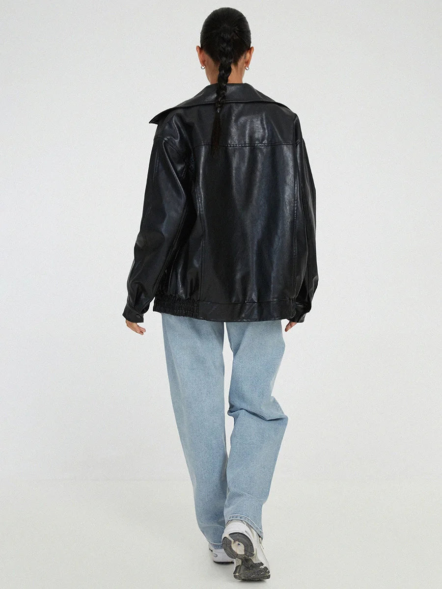 Faux Leather Oversized Zip Front Bomber Jacket 