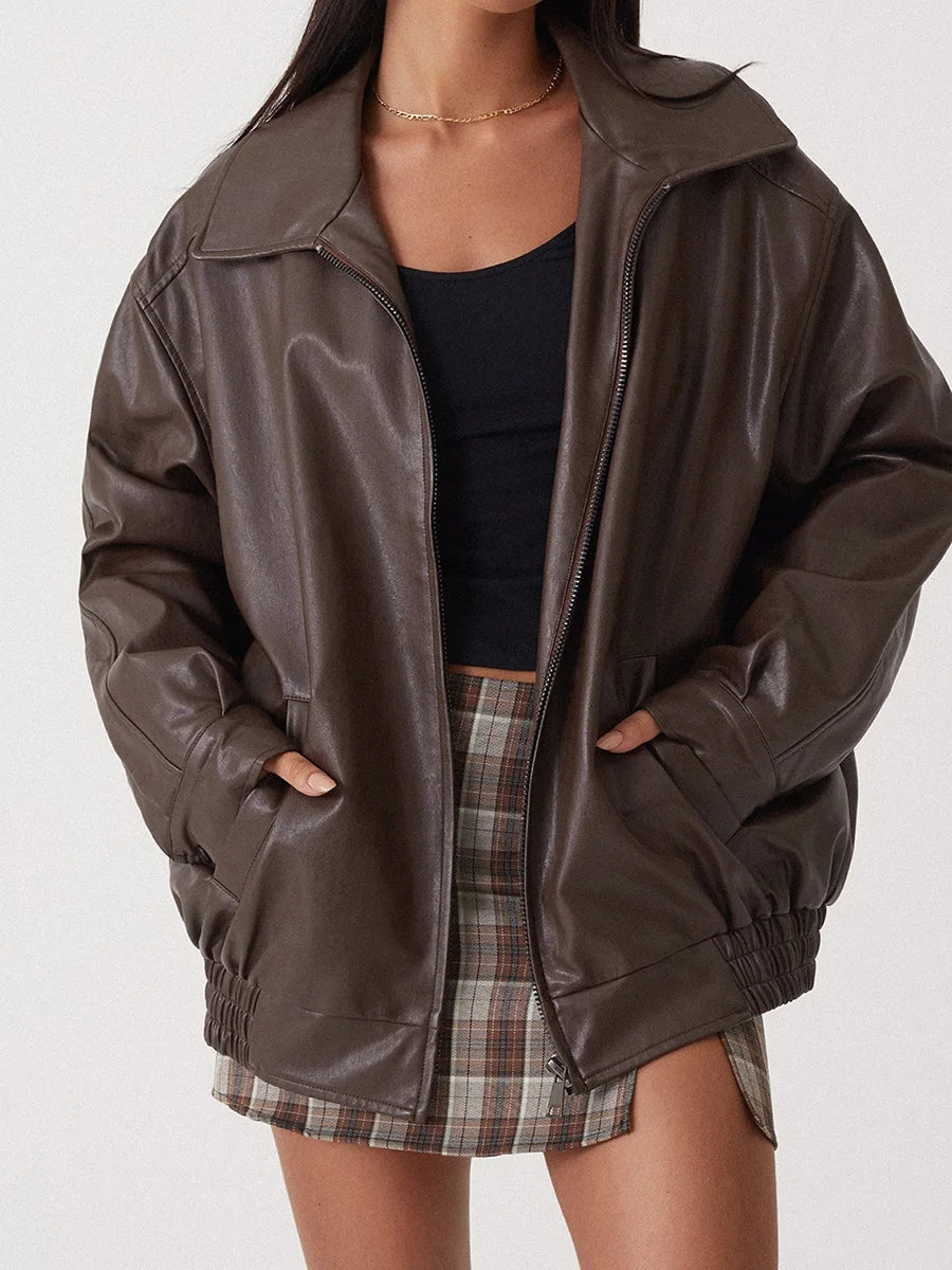Women’s Bomber Jacket – Oversized Fit – Faux Leather Look – Zip Front – Ribbed Hem
