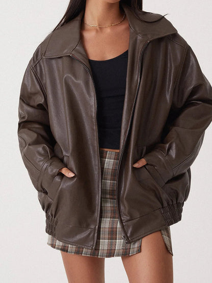 Women’s Bomber Jacket – Oversized Fit – Faux Leather Look – Zip Front – Ribbed Hem