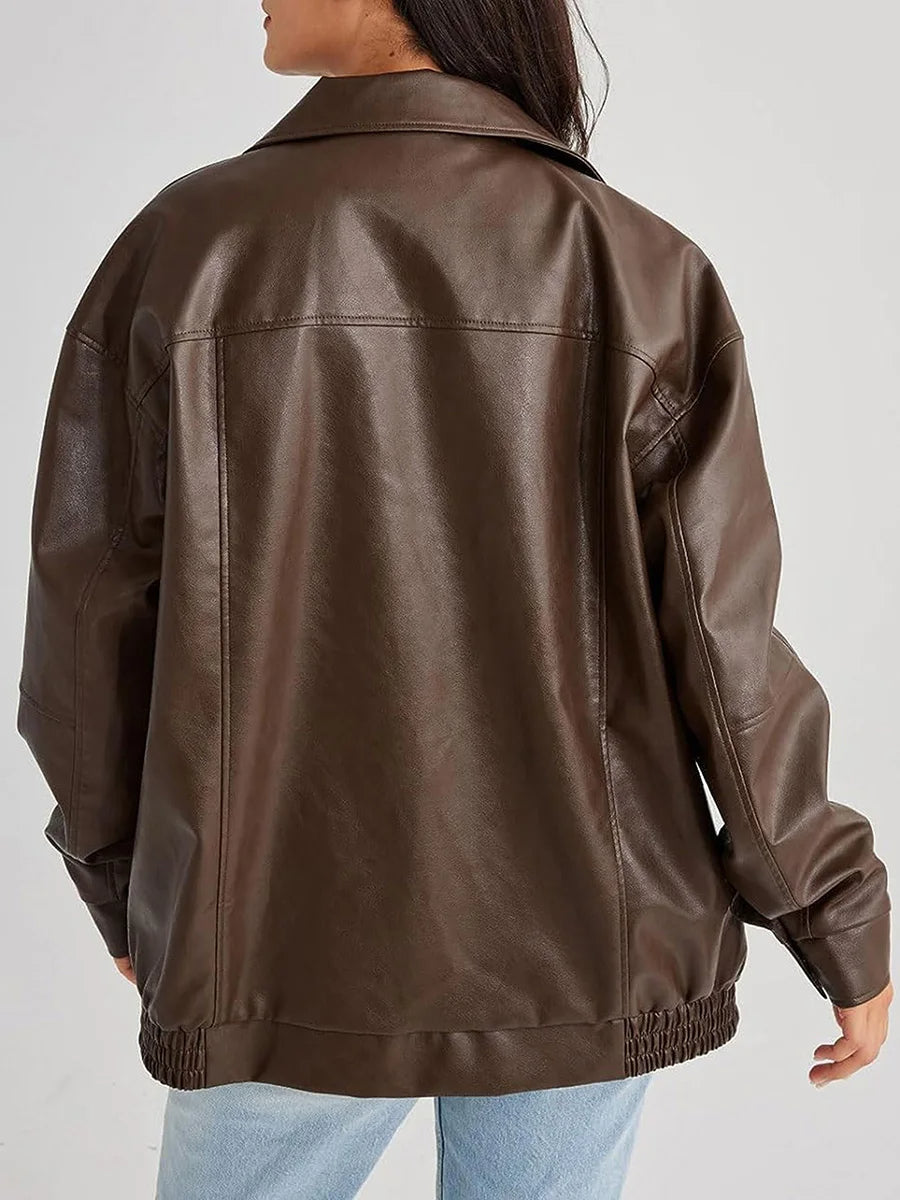 Women’s Bomber Jacket – Oversized Fit – Faux Leather Look – Zip Front – Ribbed Hem
