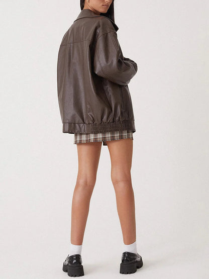 Women’s Bomber Jacket – Oversized Fit – Faux Leather Look – Zip Front – Ribbed Hem
