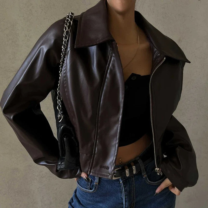 Women's retro lapel zipper pu leather jacket