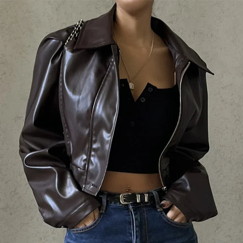 Women's retro lapel zipper pu leather jacket