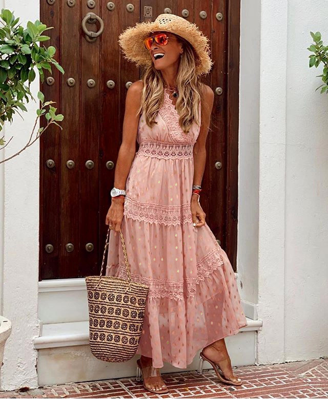Women's Maxi Dress - Sleeveless Halter Neck - Lace Detail - Boho Flowing Tiered Skirt