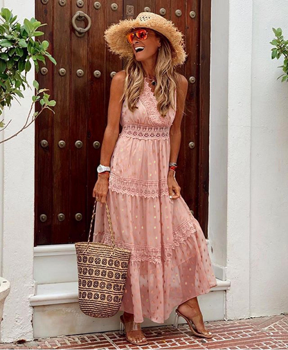 Women's Maxi Dress - Sleeveless Halter Neck - Lace Detail - Boho Flowing Tiered Skirt