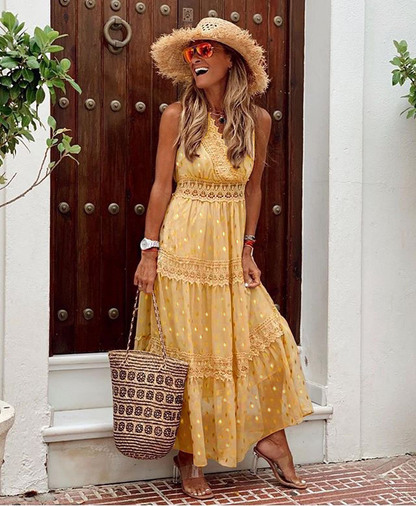 Women's Maxi Dress - Sleeveless Halter Neck - Lace Detail - Boho Flowing Tiered Skirt