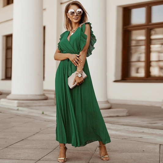 Pleated Ruffle Shoulder Wrap Maxi Dress