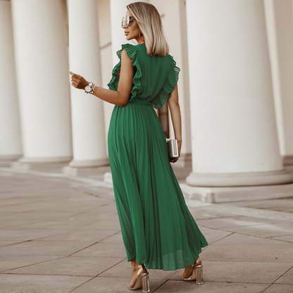 Women’s Maxi Dress – Sleeveless V-Neck – Pleated Wrap Style – Ruffle Shoulder Elegant Fit