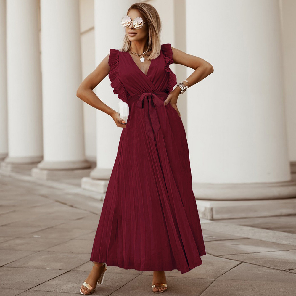 Women’s Maxi Dress – Sleeveless V-Neck – Pleated Wrap Style – Ruffle Shoulder Elegant Fit