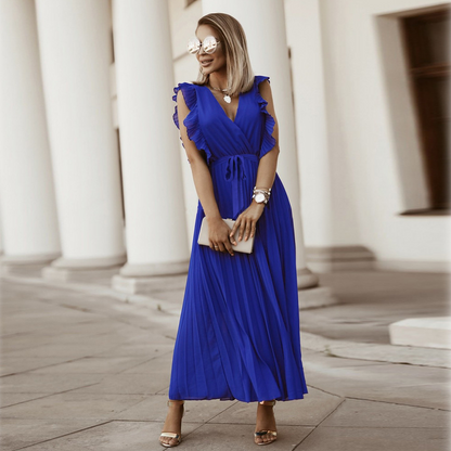 Women’s Maxi Dress – Sleeveless V-Neck – Pleated Wrap Style – Ruffle Shoulder Elegant Fit