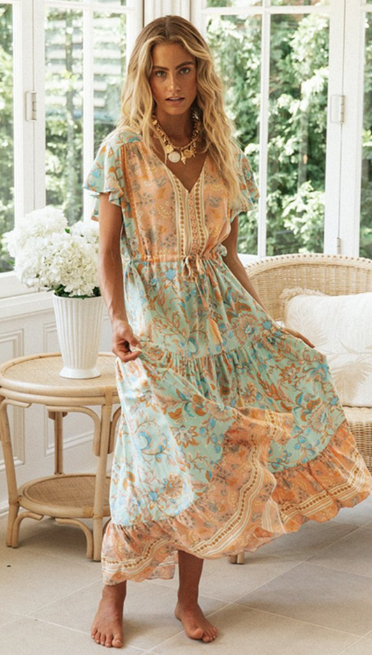Floral Print Pleated Lace-Up Maxi Dress