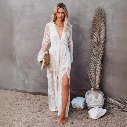 Women's Lace Maxi Dress - Plunging V-Neck - Long Sleeve - Floral Embroidery - Flowy Fit