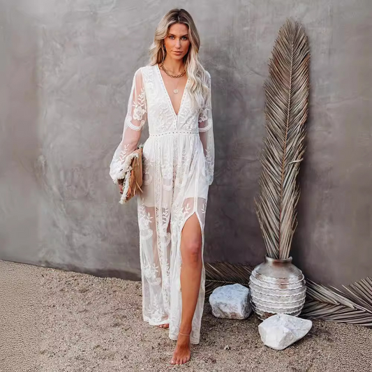 Lace Floral Embroidered Flowy Maxi Dress