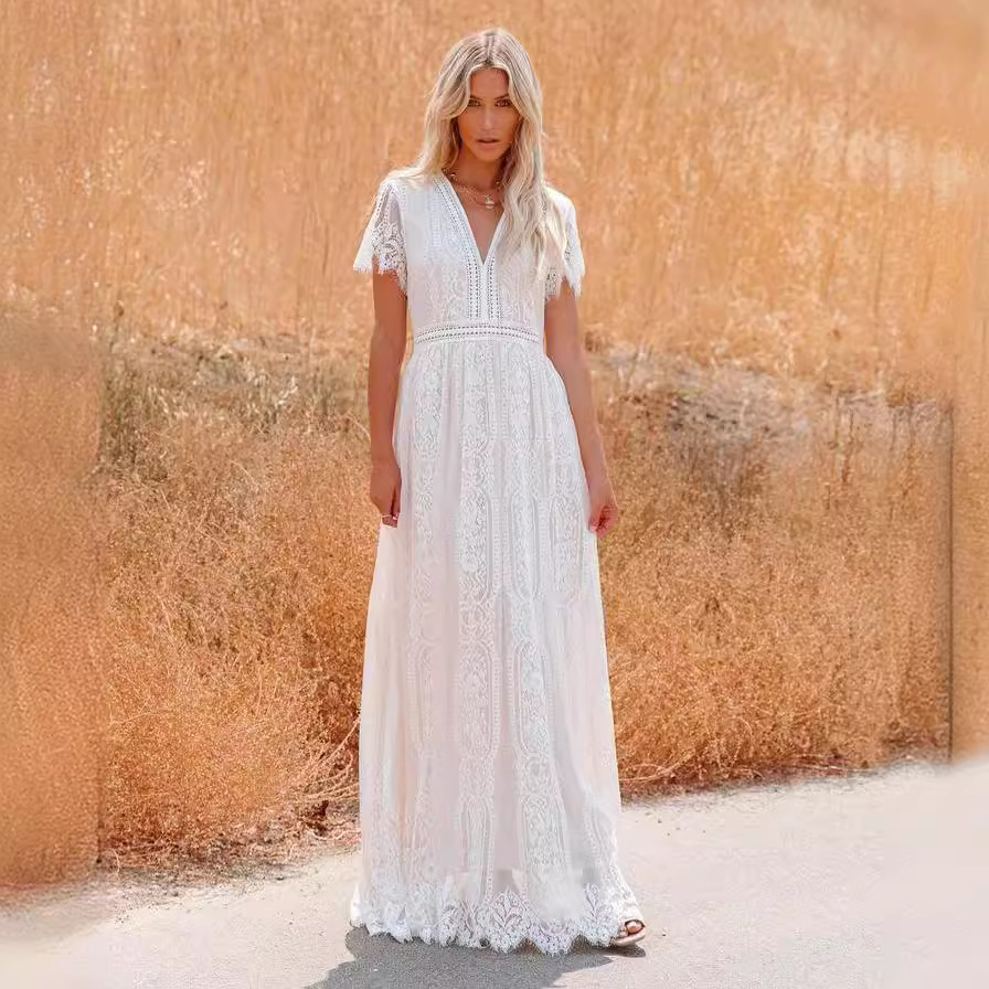 Jenna - v-neck half sleeves lace bohemian floor length maxi dress