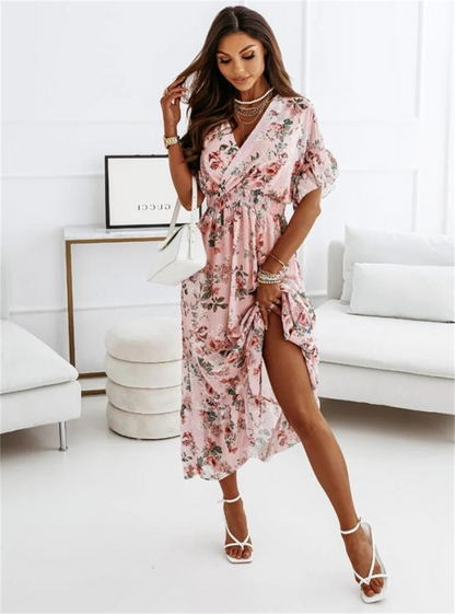 Women's Wrap Maxi Dress - V-Neck - Short Sleeve - High Slit - Elegant Flowing Fit