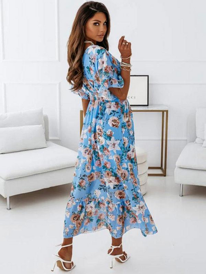 Women's Wrap Maxi Dress - V-Neck - Short Sleeve - High Slit - Elegant Flowing Fit