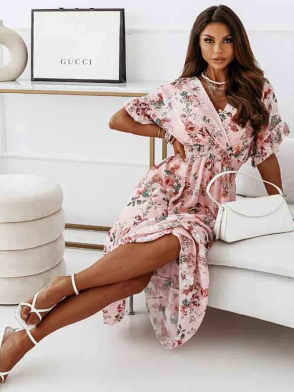 Women's Wrap Maxi Dress - V-Neck - Short Sleeve - High Slit - Elegant Flowing Fit