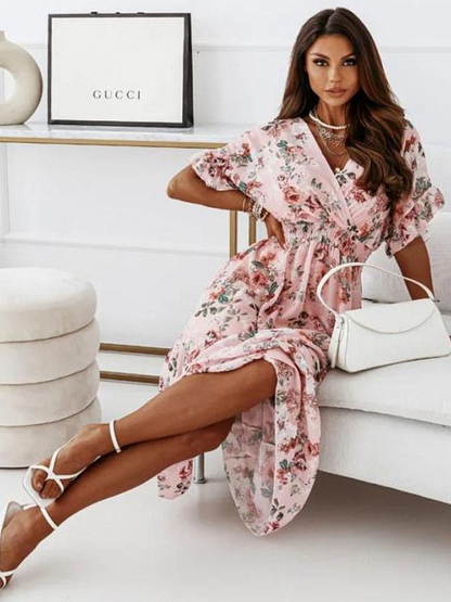 Women's Wrap Maxi Dress - V-Neck - Short Sleeve - High Slit - Elegant Flowing Fit