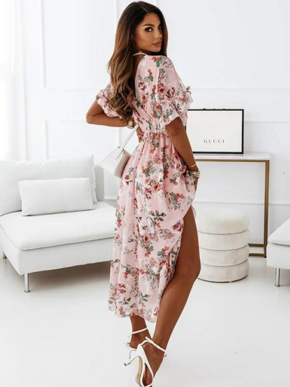 Women's Wrap Maxi Dress - V-Neck - Short Sleeve - High Slit - Elegant Flowing Fit