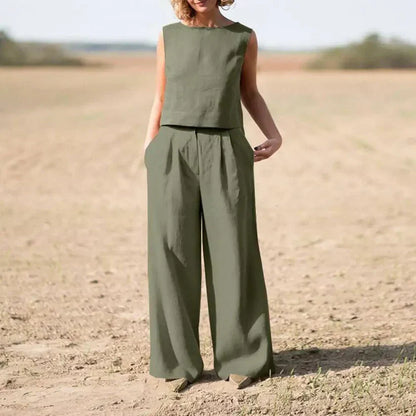 Women's Two-Piece Set - Sleeveless Cropped Top & High-Waisted Wide-Leg Pants - Breathable Fabric