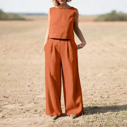 Women's Two-Piece Set - Sleeveless Cropped Top & High-Waisted Wide-Leg Pants - Breathable Fabric