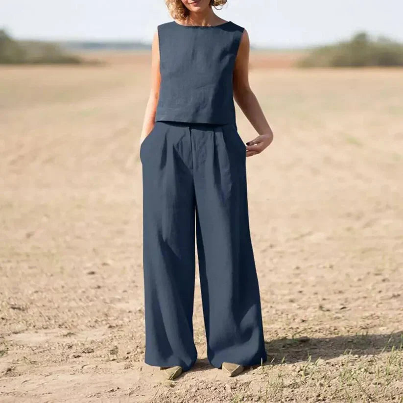 Women's Two-Piece Set - Sleeveless Cropped Top & High-Waisted Wide-Leg Pants - Breathable Fabric