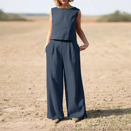 Women's Two-Piece Set - Sleeveless Cropped Top & High-Waisted Wide-Leg Pants - Breathable Fabric