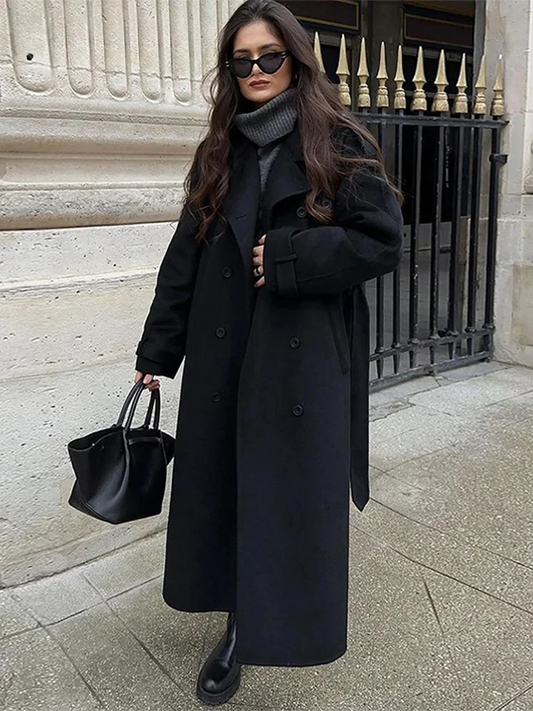 Wool Blend Belted Double Breasted Trench Coat 