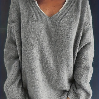 Women’s V-Neck Sweater – Relaxed Oversized Fit – Soft Knit – Ribbed Trim – Long Sleeve