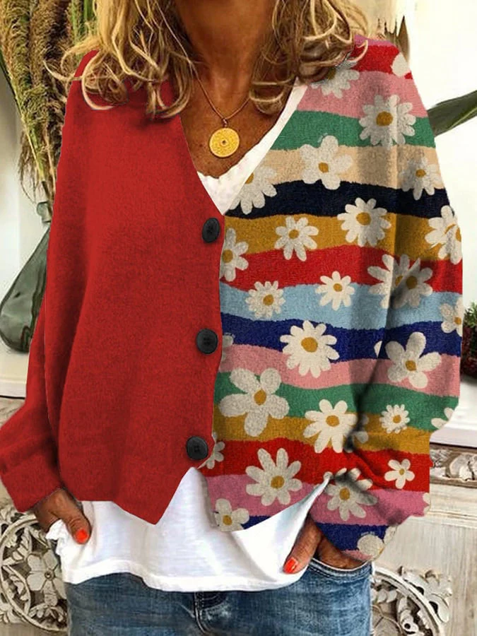 Patchwork Floral Relaxed Fit Knit Cardigan 