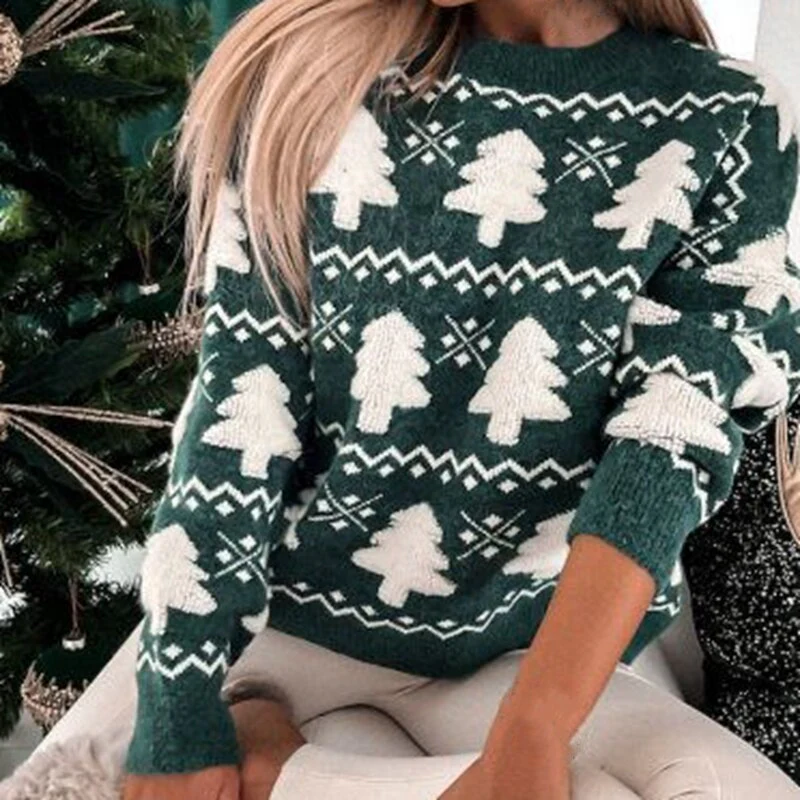 Women’s Sweater – Relaxed Fit – Knitted Wool Blend – Ribbed Trim – Festive Pattern