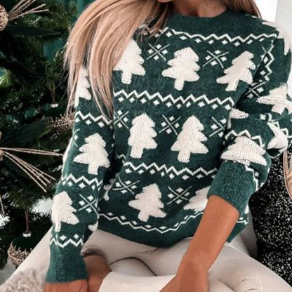 Women’s Sweater – Relaxed Fit – Knitted Wool Blend – Ribbed Trim – Festive Pattern