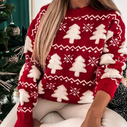 Women’s Sweater – Relaxed Fit – Knitted Wool Blend – Ribbed Trim – Festive Pattern