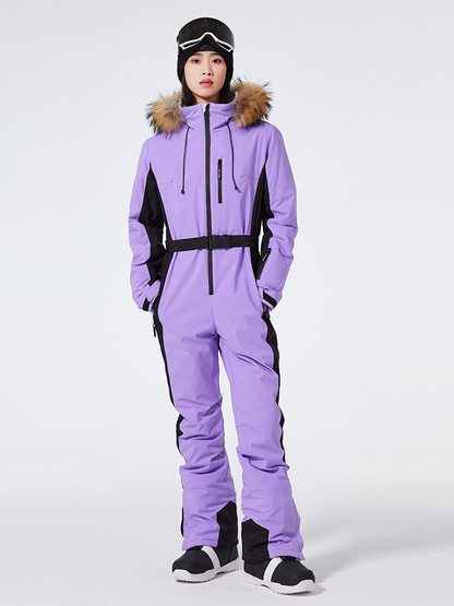 Women’s One-Piece Ski Suit – Slim Fit – Waterproof Windproof – Belted Faux Fur Hood