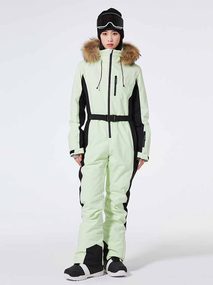 Women’s One-Piece Ski Suit – Slim Fit – Waterproof Windproof – Belted Faux Fur Hood