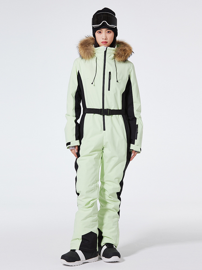 Women’s One-Piece Ski Suit – Slim Fit – Waterproof Windproof – Belted Faux Fur Hood