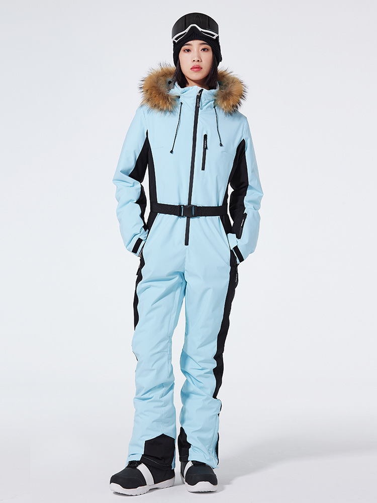 Women’s One-Piece Ski Suit – Slim Fit – Waterproof Windproof – Belted Faux Fur Hood
