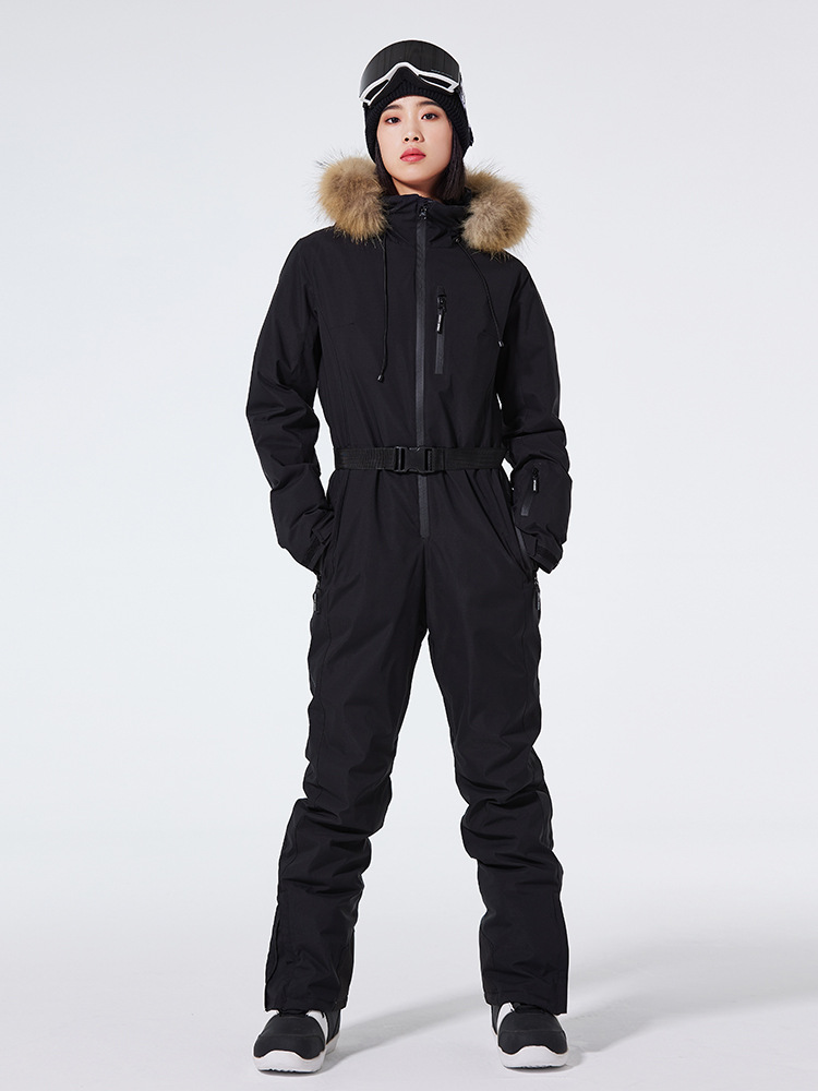Women’s One-Piece Ski Suit – Slim Fit – Waterproof Windproof – Belted Faux Fur Hood