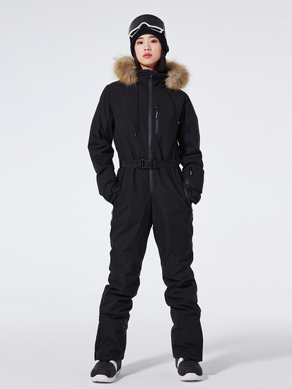 Women’s One-Piece Ski Suit – Slim Fit – Waterproof Windproof – Belted Faux Fur Hood