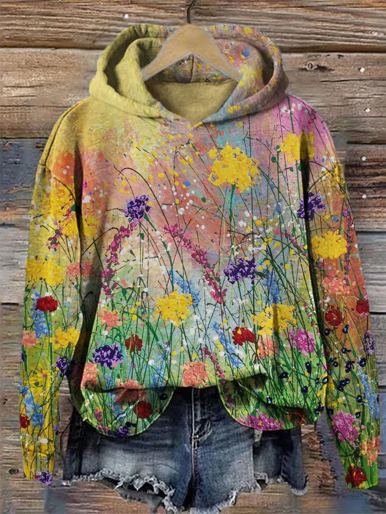 Artistic Floral Print Relaxed Fit Hoodie 