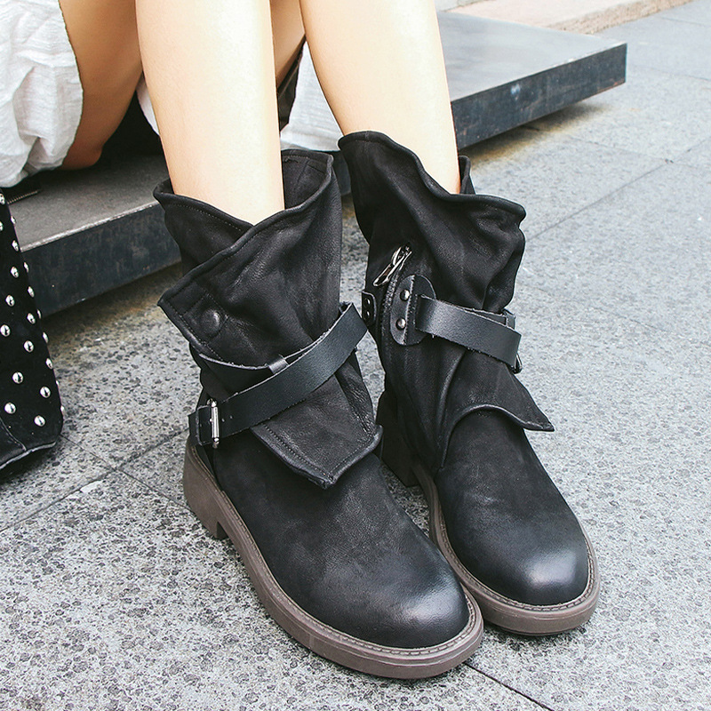 Slouchy Fit Buckle Strap Mid-Calf Boots 