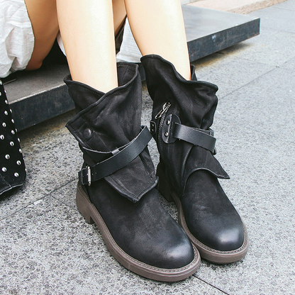 Women’s Mid-Calf Boots – Slouchy Fit – Buckle Straps – Chunky Sole – Low Heel