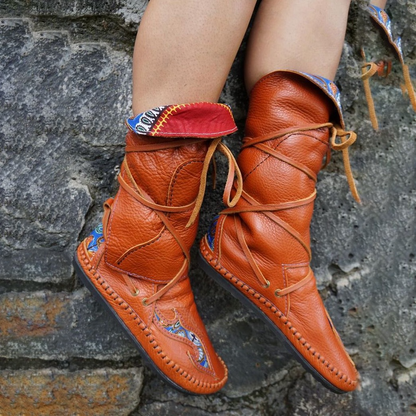 Women’s Mid-Calf Boots – Tumbled Leather – Moccasin Foot – Lace-Up – Fold-Over Cuff
