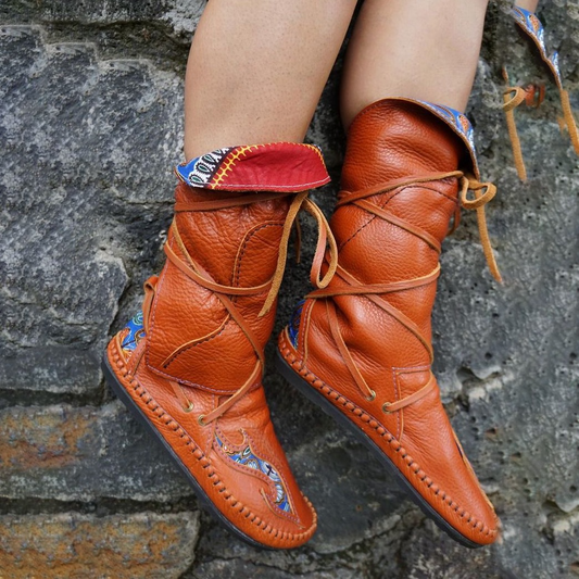 Tumbled Leather Lace-Up Mid-Calf Boots 