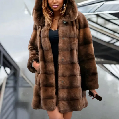 Women’s Trench Coat – Faux Fur – Relaxed Fit – Hooded – Snap Button – Mid-Thigh Length
