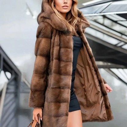 Women’s Trench Coat – Faux Fur – Relaxed Fit – Hooded – Snap Button – Mid-Thigh Length