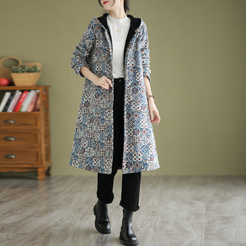 Women’s Trench Coat – Loose Fit A-Line – Cotton Blend – Hooded – Geometric Print