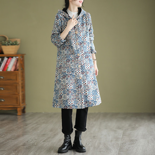 Geometric Print Hooded Cotton Blend Trench Coat 