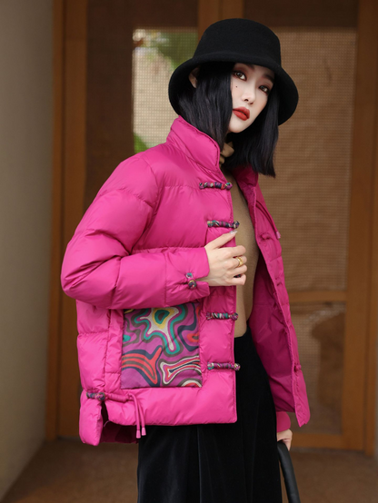 Women’s Quilted Puff Jacket – Loose Fit – High Collar – Frog Closures – Bold Pockets