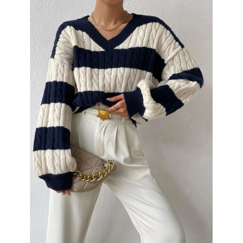 Striped Oversized Cable Knit V-Neck Sweatshirt 